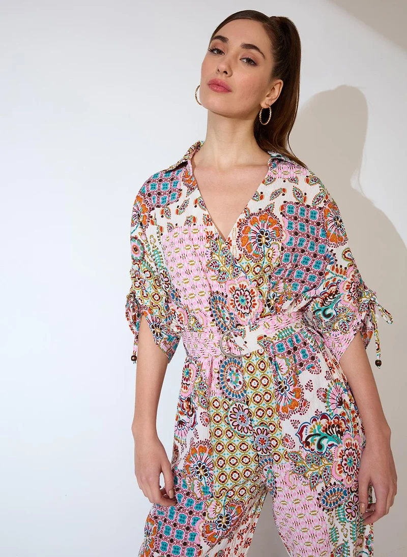 globus  Globus Women Shirt Collar Ruched Sleeves Ethnic Motifs Print Belted Fusion Jumpsuit for Women | Best Price UAE